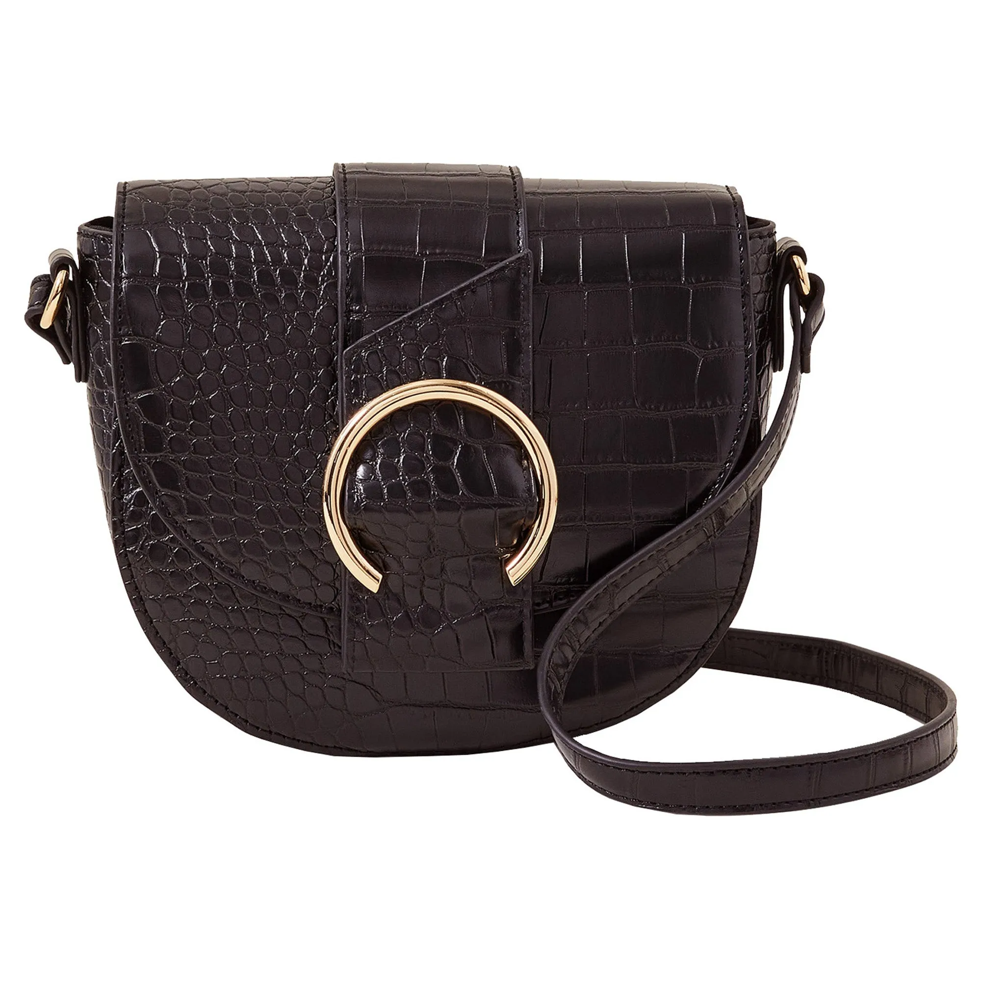 Accessorize London Women's Black Faux Croc Ring Detail Saddle Bag