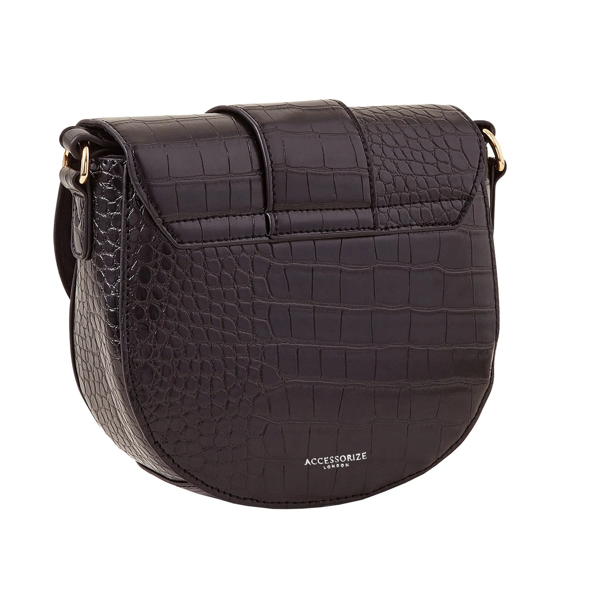 Accessorize London Women's Black Faux Croc Ring Detail Saddle Bag