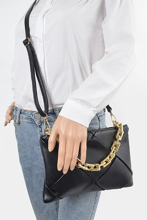 Black Wide Braided Crossbody Bag W/Chain