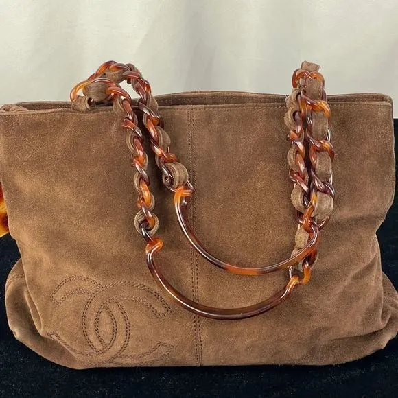 Chanel brownsuede bag with tortoise handles