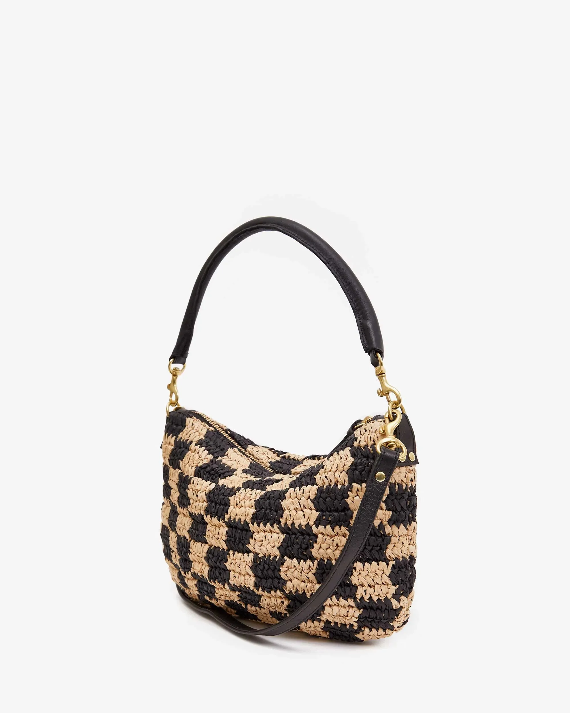 CLARE V. Petit Moyen Black & Natural Checker Raffia