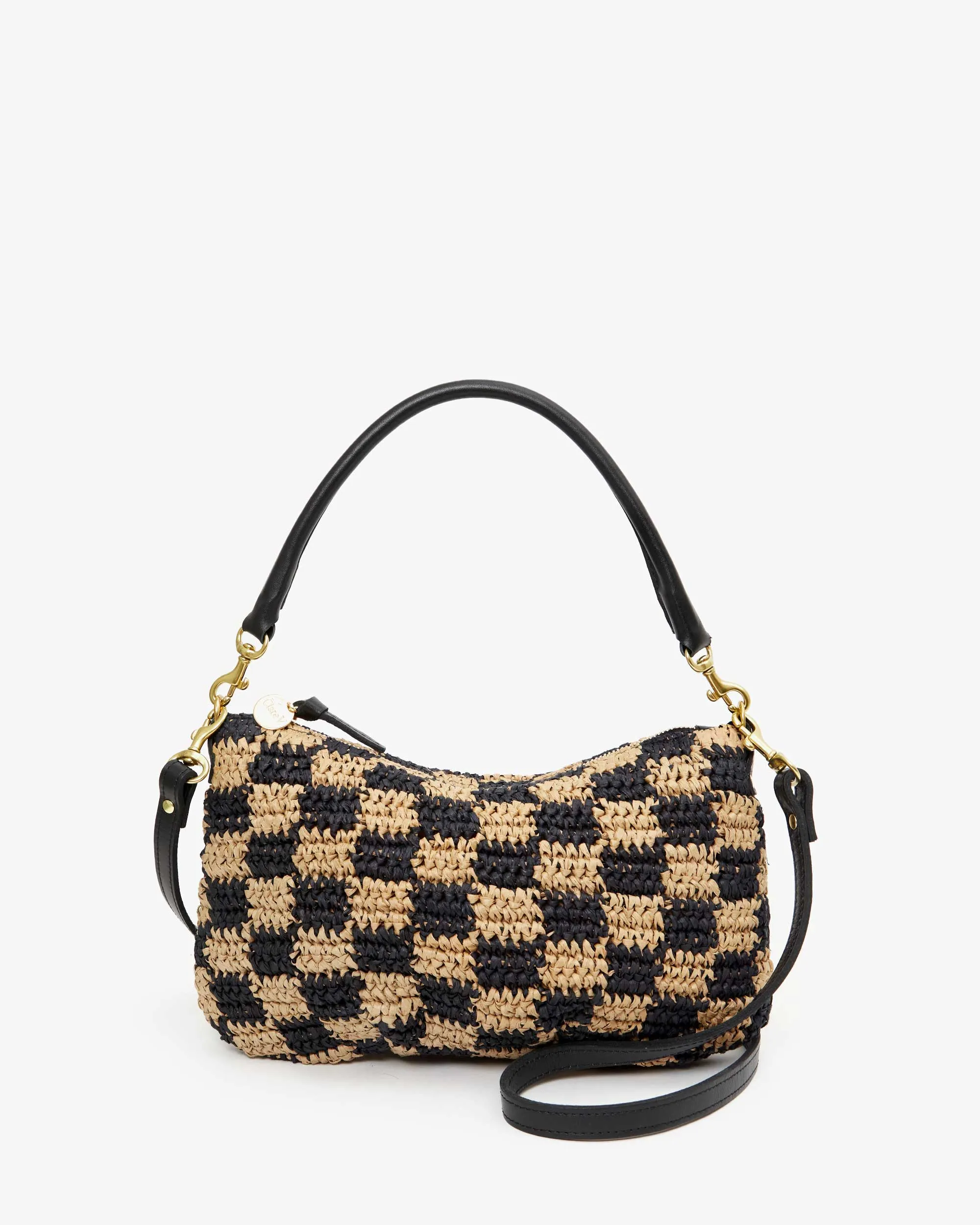 CLARE V. Petit Moyen Black & Natural Checker Raffia