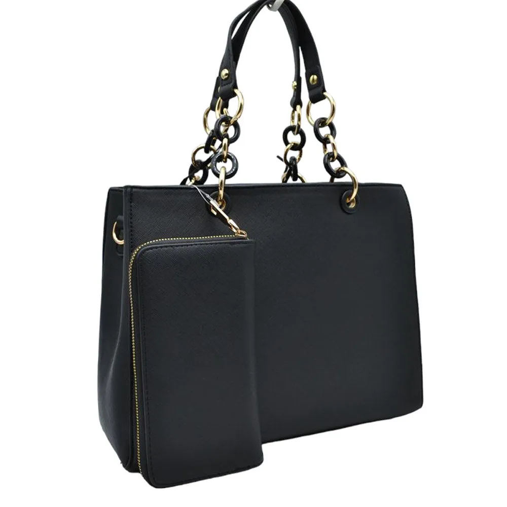 Faux Leather Satchel Tote Bag With Wallet