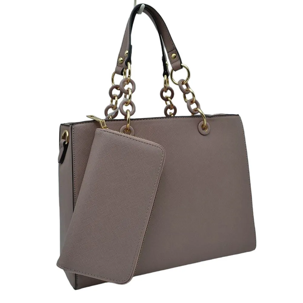 Faux Leather Satchel Tote Bag With Wallet