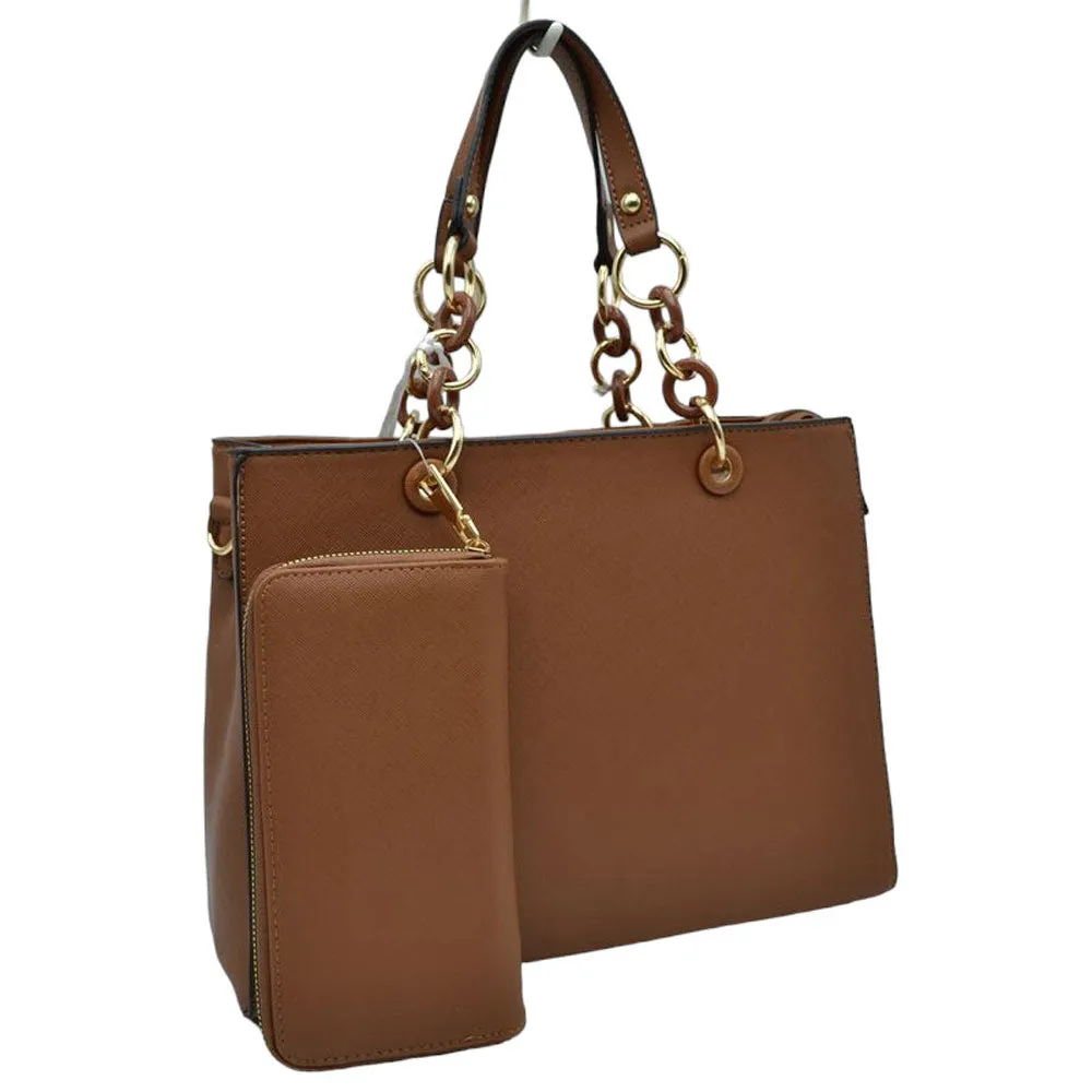 Faux Leather Satchel Tote Bag With Wallet