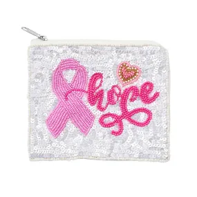 Hope Message Sequin Beaded Pink Ribbon Heart Mini Pouch Bag