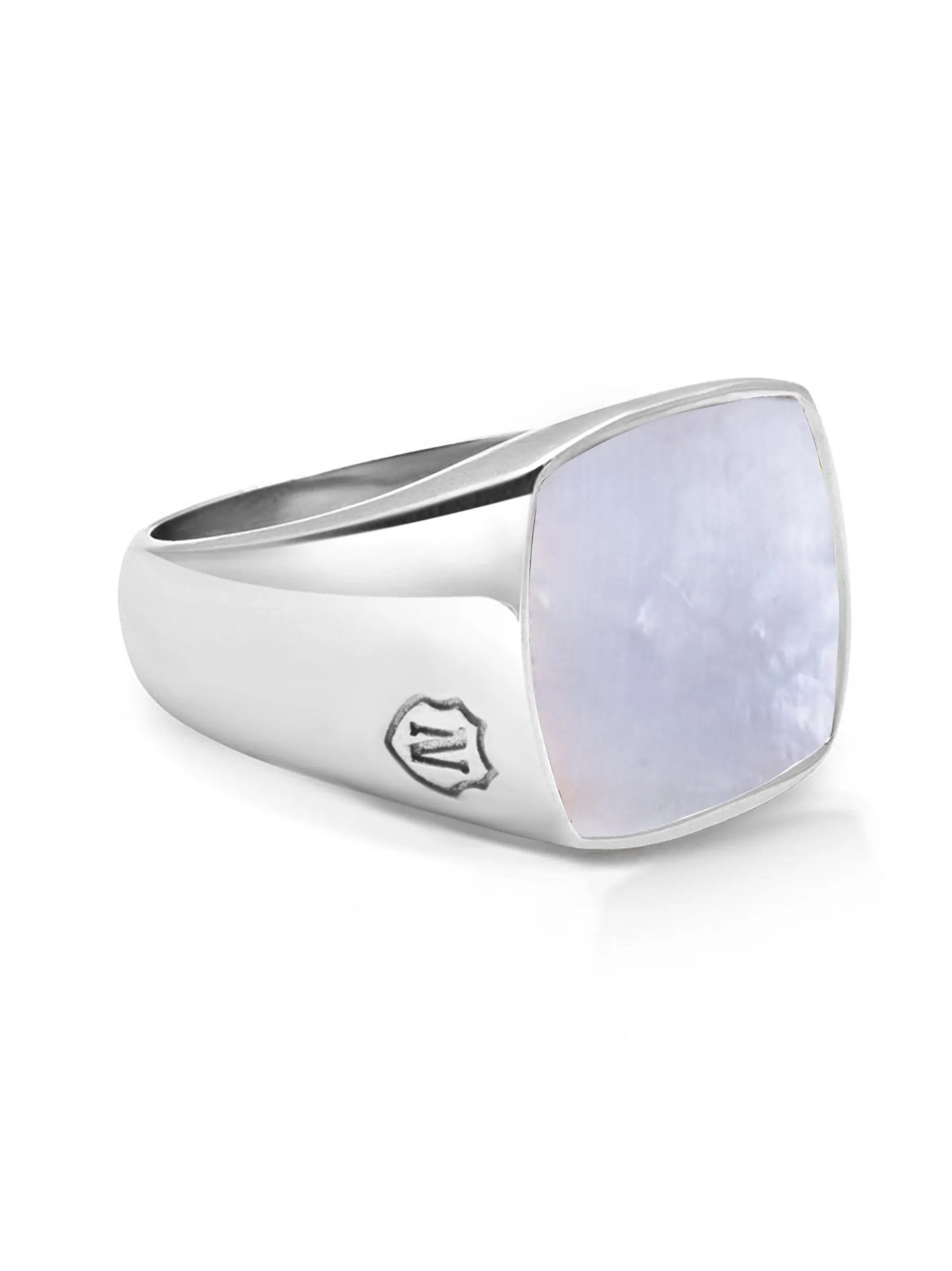 Men's Silver Signet Ring with Natural White Shell