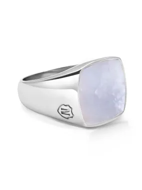 Men's Silver Signet Ring with Natural White Shell