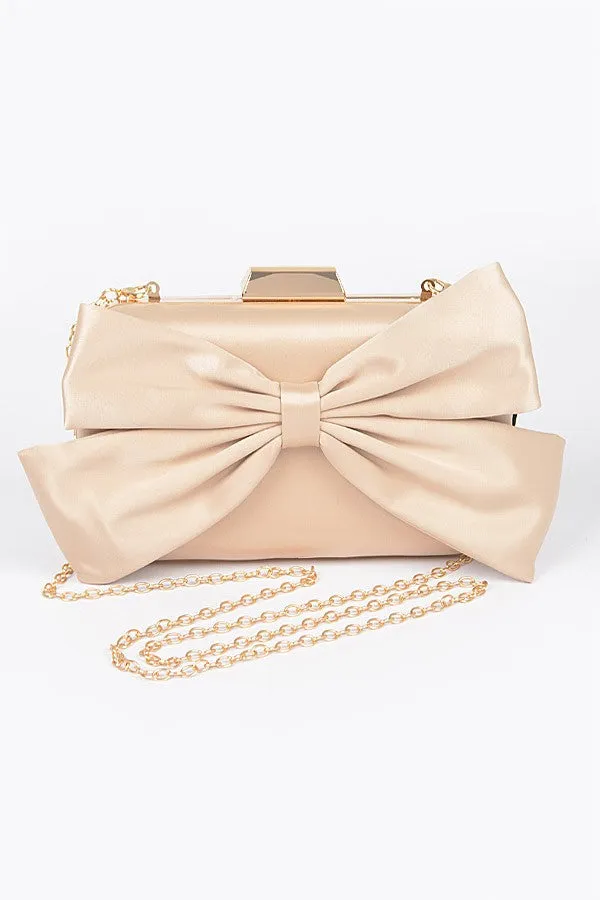 Nude Gold Satin Bow Clutch