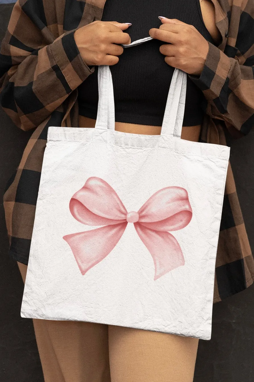 Pink Bow White Tote Bag with Zipper (Coquette Themed)