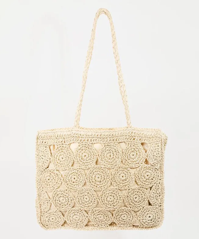 Square Braided Pattern Straw Tote Bag - Ivory