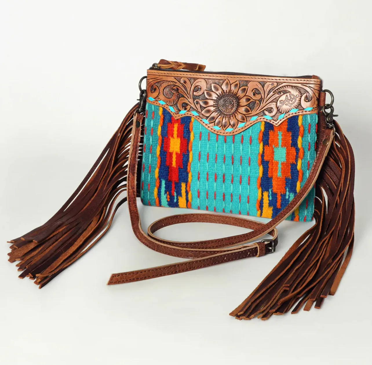 Teal Saddle Blanket Tooled Leather Crossbody