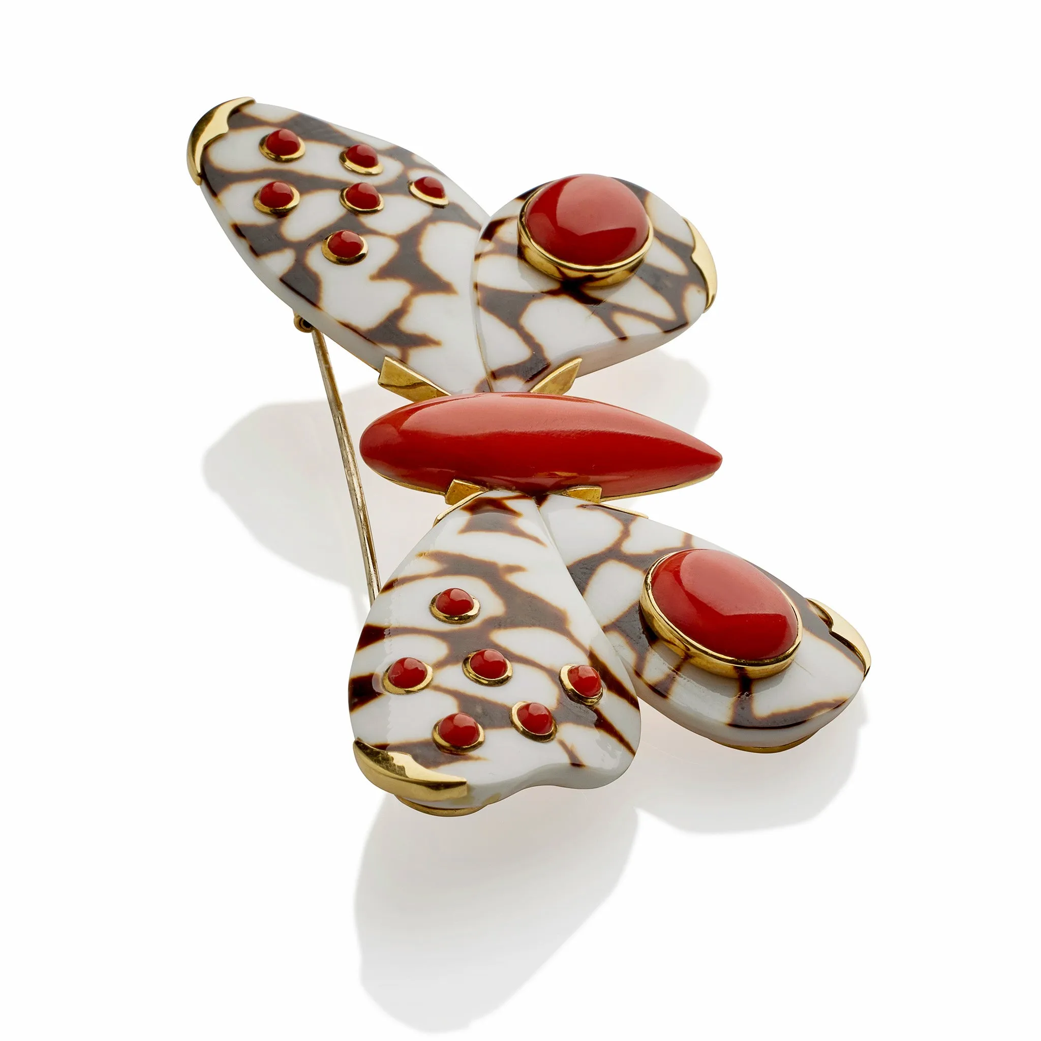 Trianon Coral and Carved Shell Butterfly Clip Brooch