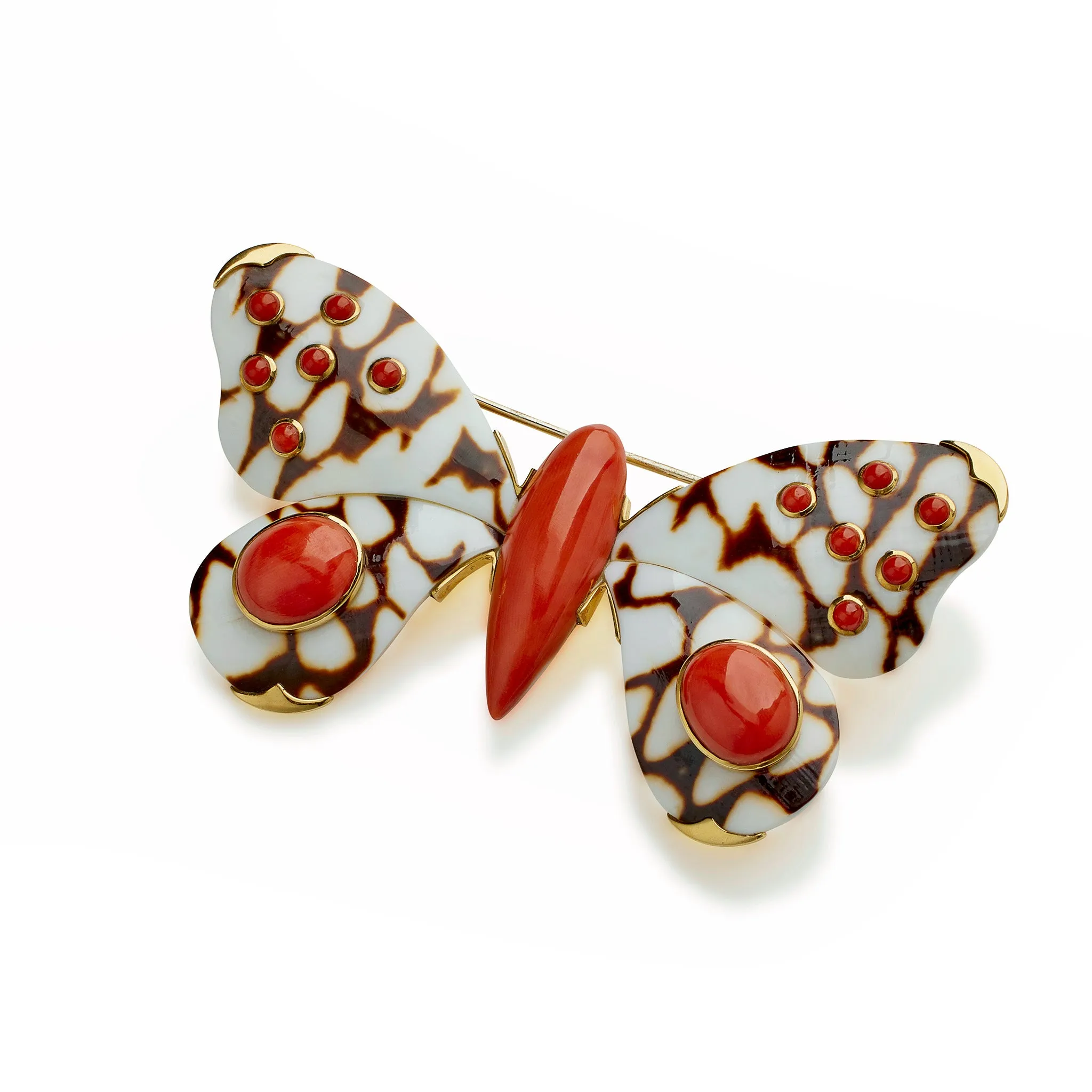 Trianon Coral and Carved Shell Butterfly Clip Brooch