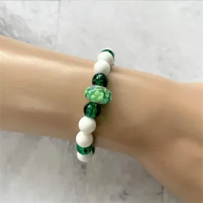 White Shell and Green Glass Beaded Bracelet with Accent Green Bead