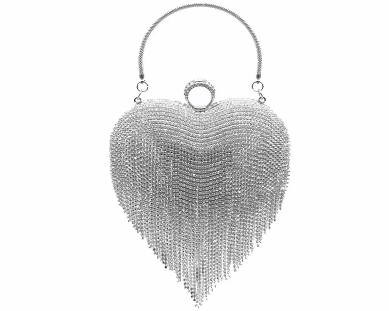 Women's Rhinestone Fringe Heart Clutch Bag